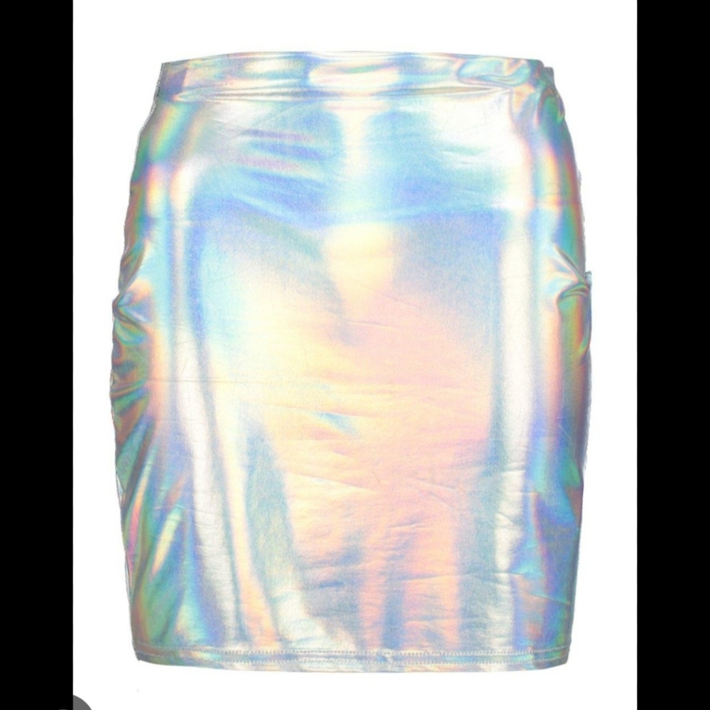 Holographic Mini Bodycon Skirt Size SMALL Stretchy Rainbow Metallic Y2K PARTY - Picture 2 of 6